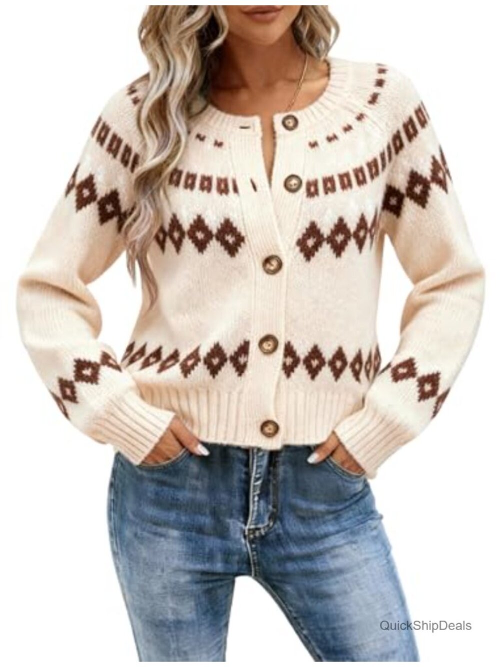 Fair Isle Button Up Chunky Cardigan Sweater Long Sleeve Knit Alpaca Blend Fall